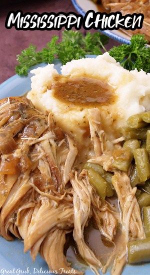 a blue plate topped with mashed potatoes and green beans covered in gravy