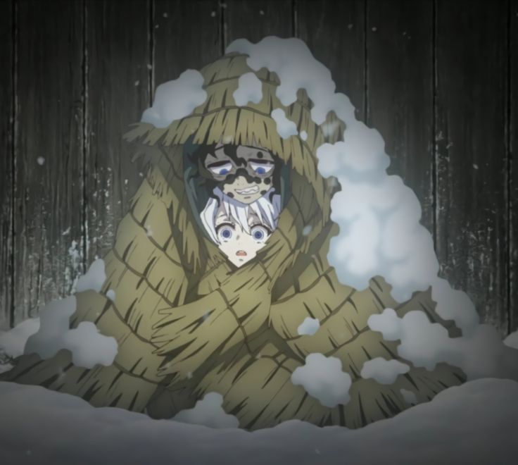 an animated image of two people in the snow, one wearing a hood and scarf