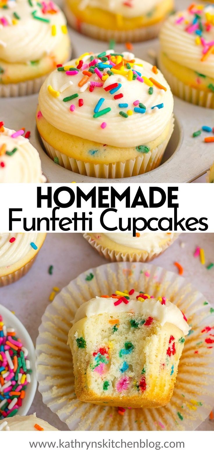 homemade funfeh cupcakes with white frosting and sprinkles