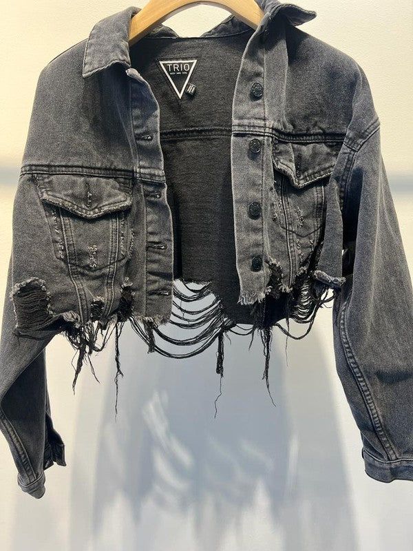 Crop distressed denim jacket, featured graphic photo of "Vegas" with embroidered writing. front button down and front pockets. All jackets are handmade.denim Streetwear Denim Jacket With Frayed Hem, Distressed Denim Jacket For Fall Streetwear, Spring Grunge Button-up Denim Jacket, Edgy Medium Wash Denim Jacket, Ripped Cotton Grunge Denim Jacket, Ripped Cotton Denim Jacket In Grunge Style, Grunge Button-up Denim Jacket For Streetwear, Ripped Denim Jacket For Streetwear In Grunge Style, Grunge Denim Jacket With Button Closure For Streetwear