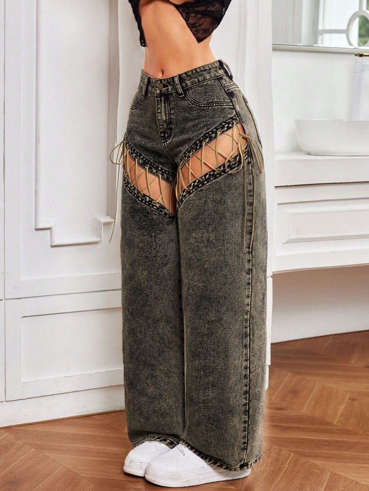 Black Casual Collar  Denim Colorblock,Plain Wide Leg Embellished Non-Stretch  Women Clothing Y2k Pants Women, Stretch Denim Jeans, Colored Denim Outfits, Jean Trousers Outfit, Womens Baggy Jeans, Fancy Pants Outfit, Black Jeans For Women, Jean Trousers, Jeans With Pockets