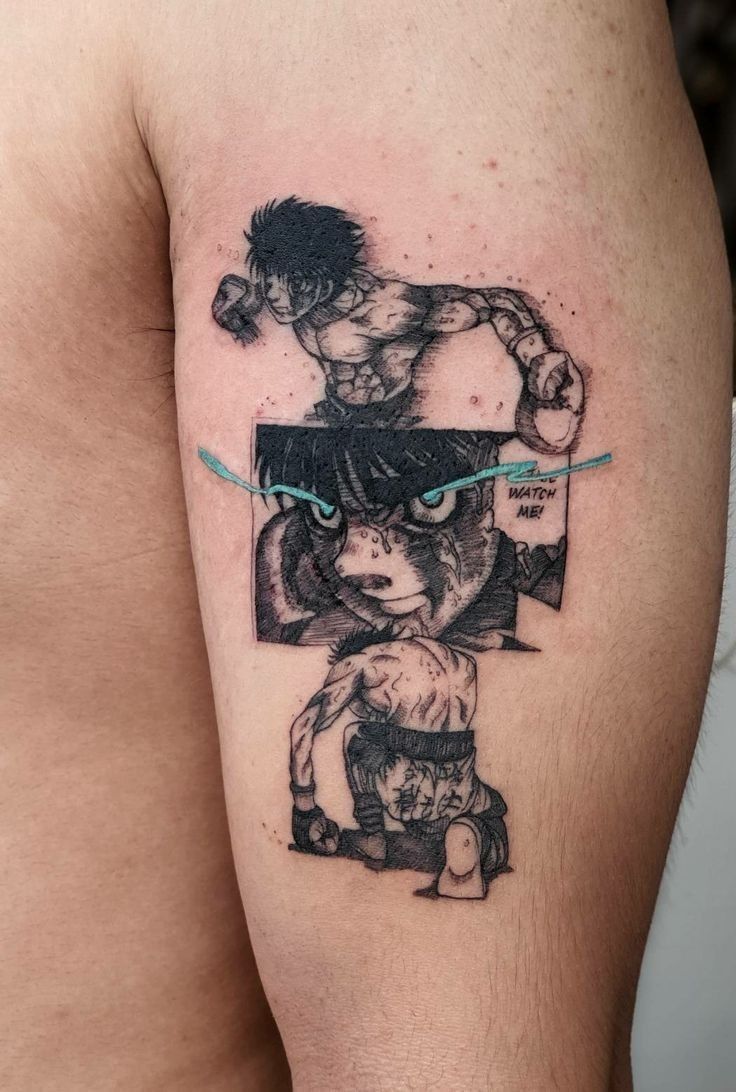 a man's arm with an image of two different characters on the same side