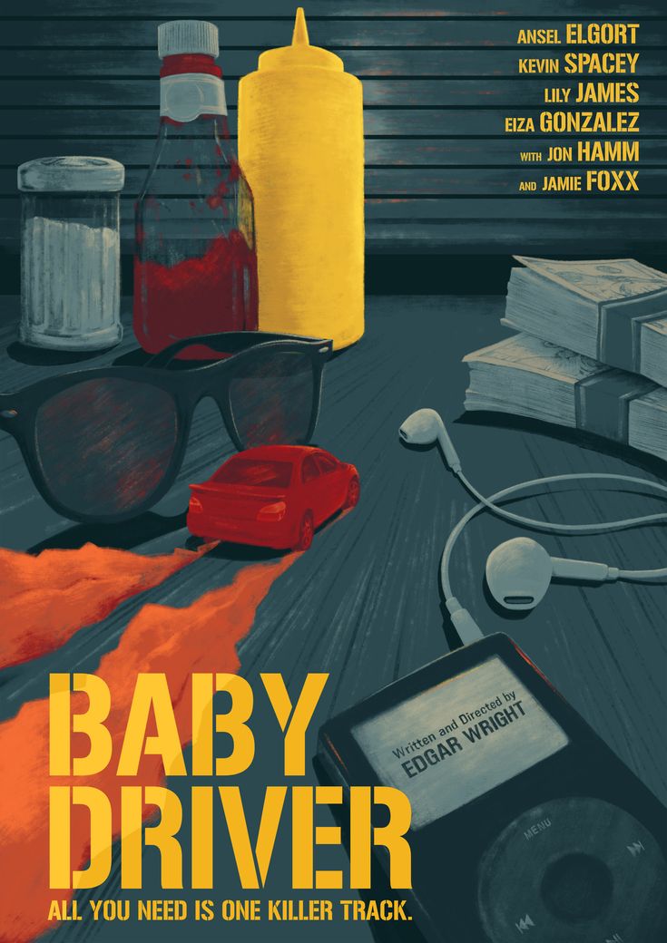 the poster for baby driver is shown with headphones, books and other items on it