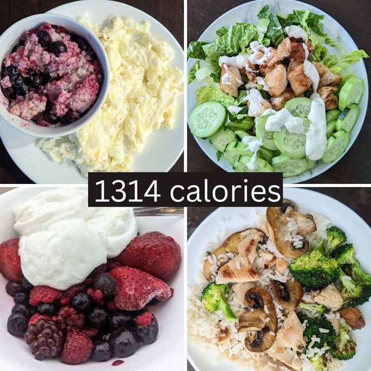 four pictures of different types of food including salads, fruit, and vegetables with the words 1234 calories on them