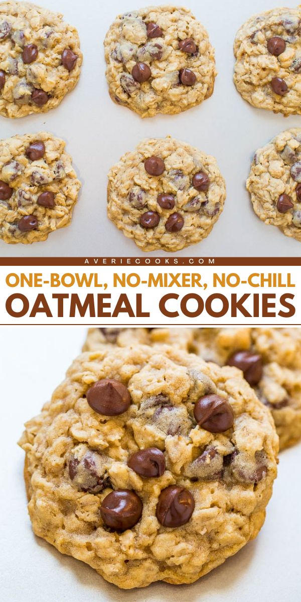 You're going to love this delicious dessert recipe for oatmeal chocolate chip cookies! Not only are these favorite cookies thick with chewy edges and soft centers, but they are also a simple baking idea. Try these One-Bowl, No-Mixer, No-Chill Oatmeal Cookies today! Easy Oatmeal Chocolate Chip Cookies, Easy Oatmeal Cookies, Oatmeal Chocolate Chip Cookie Recipe, Oatmeal Cookies Easy, Averie Cooks, Homemade Oatmeal, Easy Oatmeal, Oatmeal Cookie Recipes, Chip Cookie Recipe