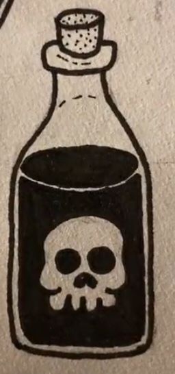 a drawing of a bottle with a skull inside