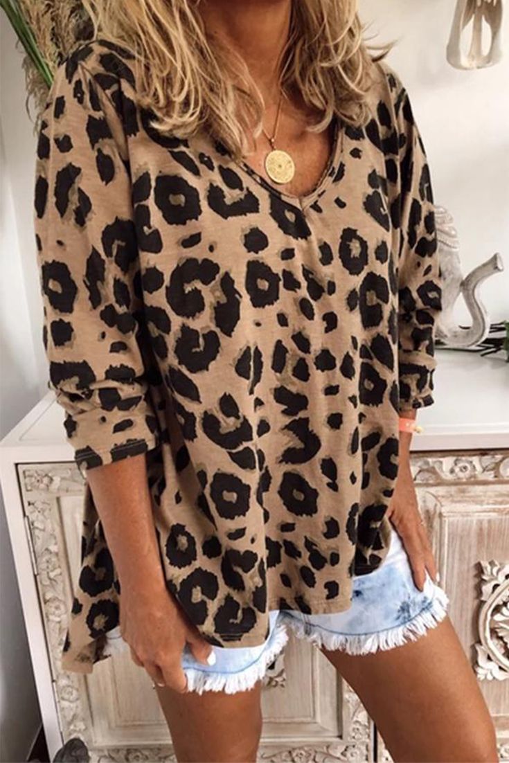 Brown Casual Leopard Print Long Sleeves T-shirt Casual Leopard Print Crew Neck T-shirt, Casual Leopard Print T-shirt For Fall, Casual Brown V-neck Top, Trendy Leopard Print V-neck Top, Leopard Print Relaxed Fit Top For Spring, Spring Leopard Print Relaxed Fit Top, Leopard Print Tops For Spring, Leopard Print Cotton Tops For Spring, Relaxed Fit Leopard Print Top For Summer