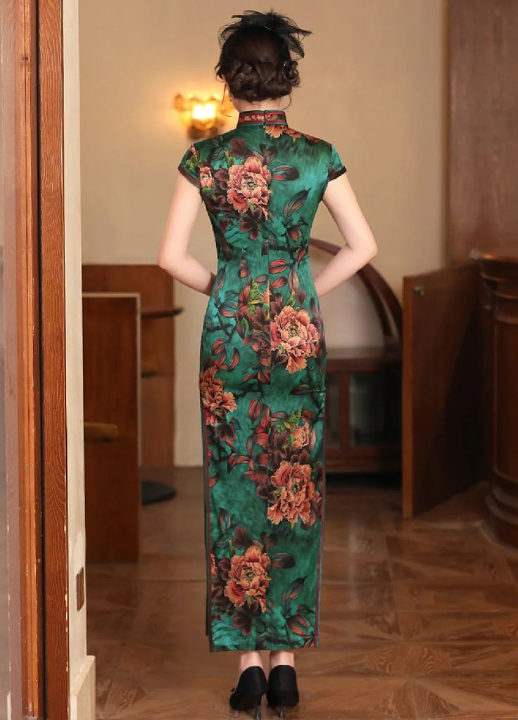 Traditional Chinese Silk Qipao | Cheongsam Dress Traditional Fitted Floral Print Cheongsam, Traditional Fitted Floral Cheongsam, Long Cheongsam For Tea Ceremony, Long Dresses For Tea Ceremony, Green Dresses For Tea Ceremony, Elegant Green Dress With Stand Collar, Green Elegant Cheongsam With Stand Collar, Elegant Green Cheongsam With Stand Collar, Fitted Dress For Tea Ceremony