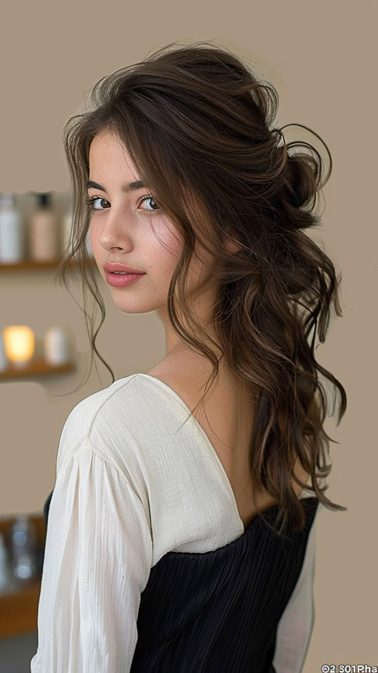 25 Stunning Long Hairstyles to Suit Round Faces Hairstyle For Neckline, Half Up Wedding Styles, Layered Bridal Hair, Long Hair Styles For Round Faces Wedding, Wedding Hair For Round Face Half Up, Half Up Half Down Wedding Hair Round Face, Half Up Half Down Round Face, Half Up Half Down Hairdo, Wavy Hairstyles Round Face