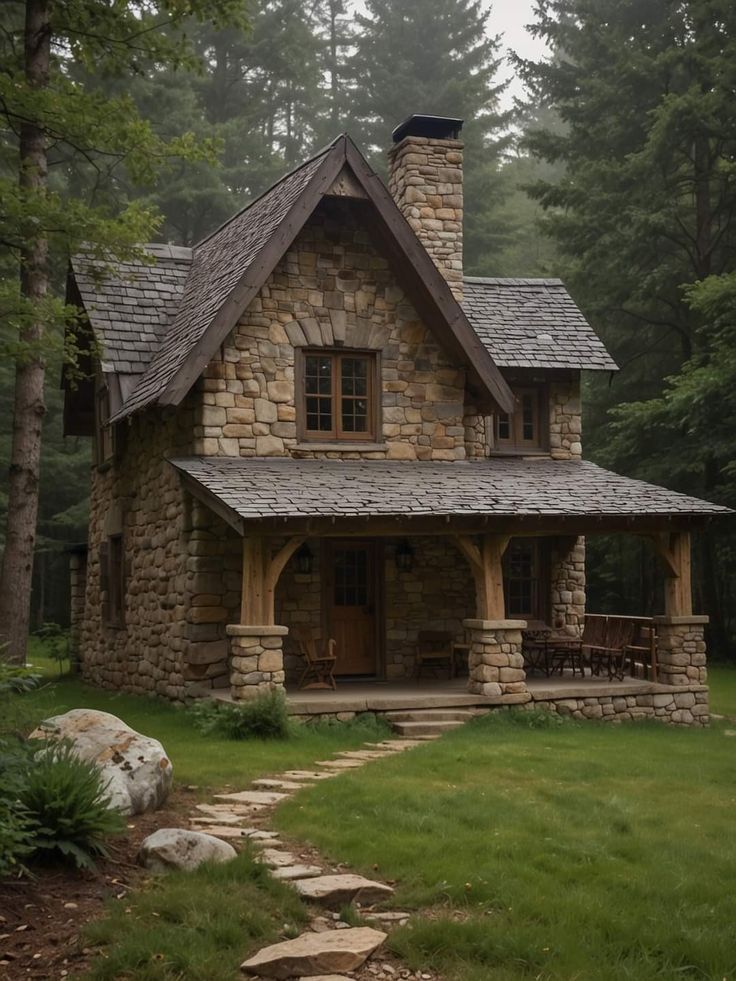 a stone house with a porch and steps leading up to the front door is surrounded by trees