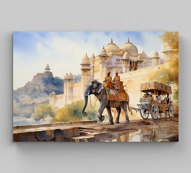 an elephant pulling a carriage with people riding on it's back in front of a palace