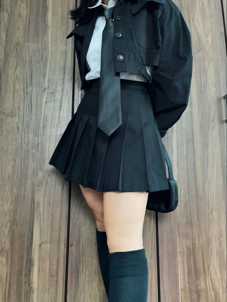 fall aesthetic outfit black tennis skirt black neck tie school uniform Aesthetic Outfits Skirt Black, Skirt And Tie Outfits Aesthetic, Acubi Fashion Black Skirt, Neck Tie Outfit Aesthetic, School Skirt Black, Black Skirt Uniform Outfit, Black Uniform Outfits School, Black Dress Outfit School, Outfits With Ties Aesthetic