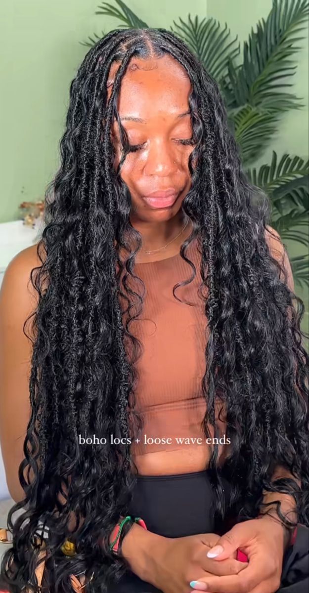 Find Your Style Inspiration with Pinterest-Perfect Hairstyles | Define Your Beauty Vacation Faux Locs, Long Boho Soft Locs, Faux Locs Vacation, Faux Locs Styles With Curls, Brown Soft Locs With Curls, Medium Sized Faux Locs, Bohemian Soft Locs With Curls, Soft Locs With Bohemian Curls, Small Boho Faux Locs