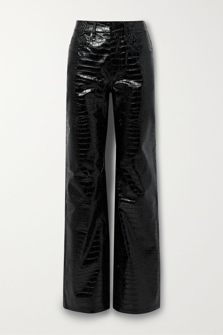 The Frankie Shop's 'Bonnie' pants are the perfect foundation piece - style them with everything from breezy blouses to graphic tees or chunky sweaters. Cut from croc-effect faux leather, they're designed to sit high on the waist and have straight-legs. Black Sparkly Pants, Croc Leather Pants, Leather Pants Outfit Black Women, Mcu Outfits, Stylist Closet, Huge Wardrobe, Posh Clothing, Sparkly Pants, Patent Leather Pants