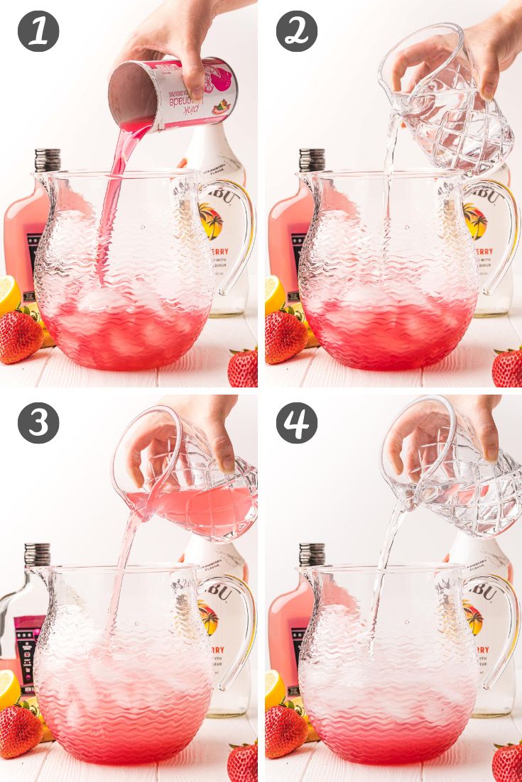 the process to make strawberry lemonade is shown in four different stages, including pouring it into a pitcher