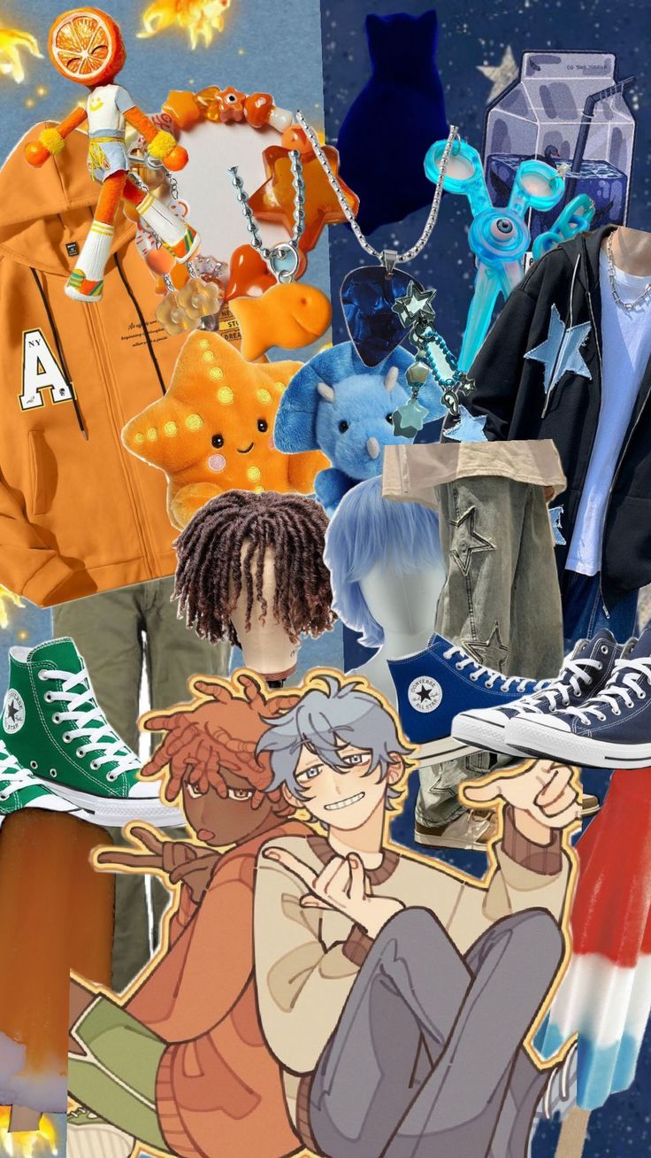 a collage of anime characters with shoes and clothing on display in front of them