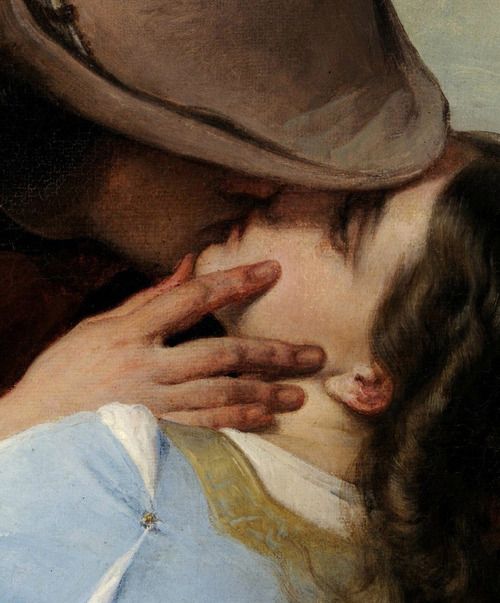 a painting of a woman kissing the face of a man in a cowboy's hat