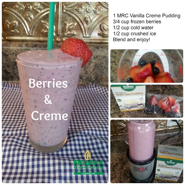 berries and creme smoothie in a glass with strawberries on the top, next to other ingredients