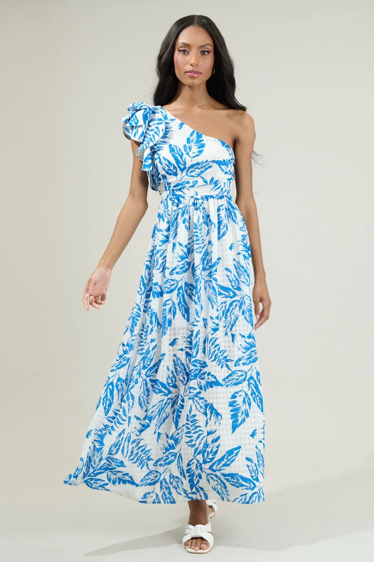 Polly Floral Ruffle Maxi Dress – Sugarlips One-shoulder Ruffled Maxi Dress For Brunch, One-shoulder Maxi Dress For Garden Party, Floral Print One Shoulder Dress For Brunch, One Shoulder Maxi Dress For Beach, Summer One-shoulder Maxi Dress With Ruffles, Garden Party One Shoulder Maxi Dress With Ruffles, Garden Party One-shoulder Maxi Dress With Ruffles, One-shoulder Ruffled Maxi Dress For Garden Party, One Shoulder Ruffled Summer Maxi Dress