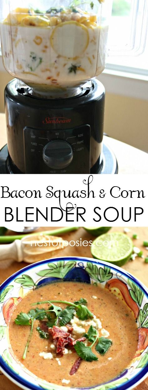 bacon, squash and corn blender soup in a bowl next to an instant pressure cooker