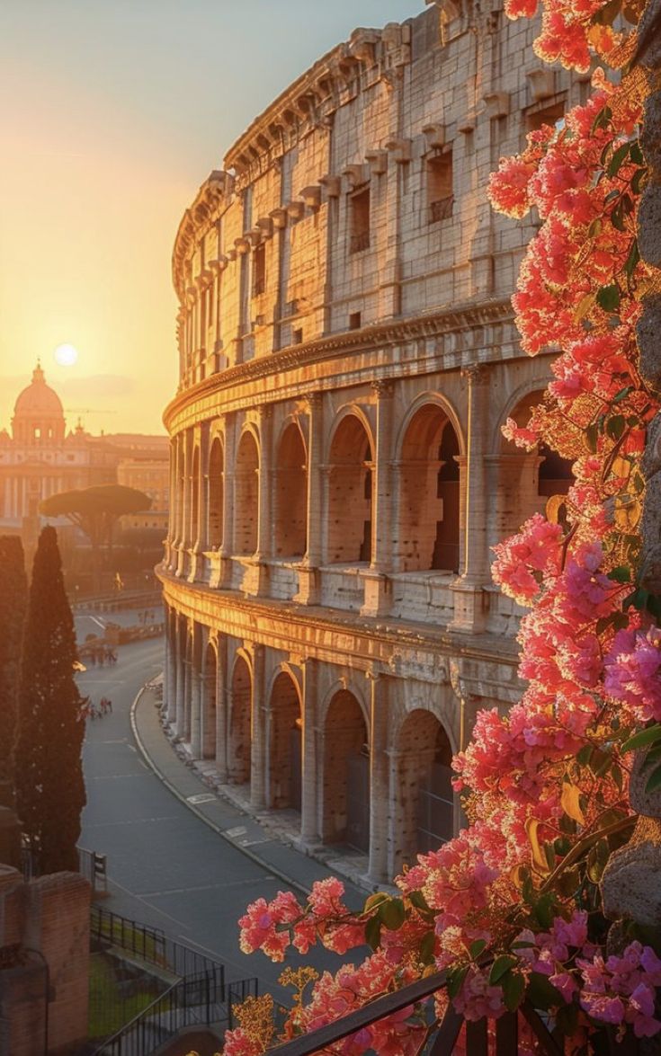 the roman colossion at sunset, with pink flowers in foreground and sun setting behind it