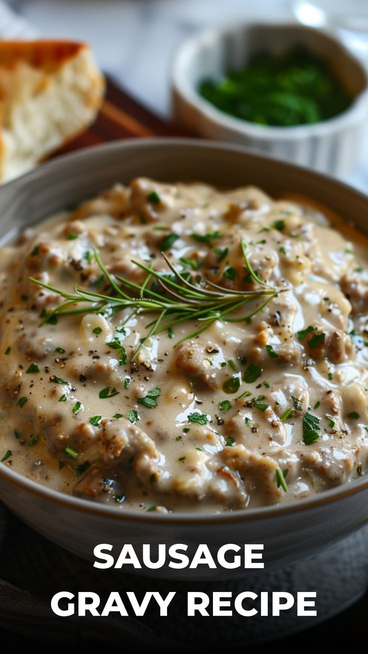 sausage gravy recipe in a bowl with bread and parsley on the side