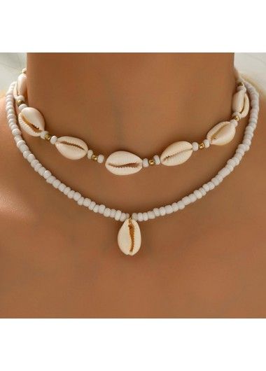 Color:White;Package Contents:2 X Necklace;Occasion:Sport; White Shell-shaped Shell Jewelry, Elegant White Shell Necklace For Summer, Shell-shaped Beaded Necklaces For Beach Season, White Beaded Strand Beads, Handmade White Strand Jewelry, White Handmade Strand Jewelry, White Round Bead Necklaces For The Beach, Summer Beaded Strand Chain Jewelry, Summer Beaded Chain Jewelry