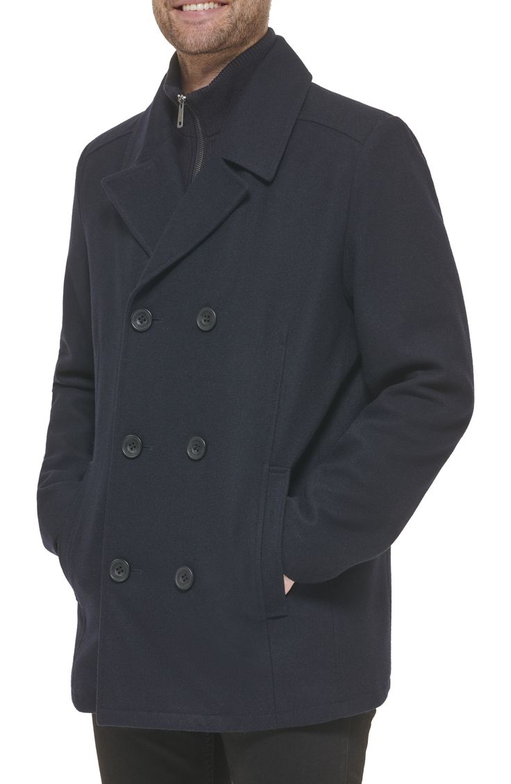 Add this classic wool peacoat to your wardrobe for an elevated style. Notched collar Long sleeves Button front Dual pockets 58% wool, 35% polyester, 4% acrylic, 3% other fibers Dry clean Imported Model stats: 6'1" height, 32" waist. Model is wearing size M. Elevated Style, Wool Peacoat, Pea Coat, Notched Collar, Clothing Styles, A Stand, Mens Clothing, Kenneth Cole, Top Coat