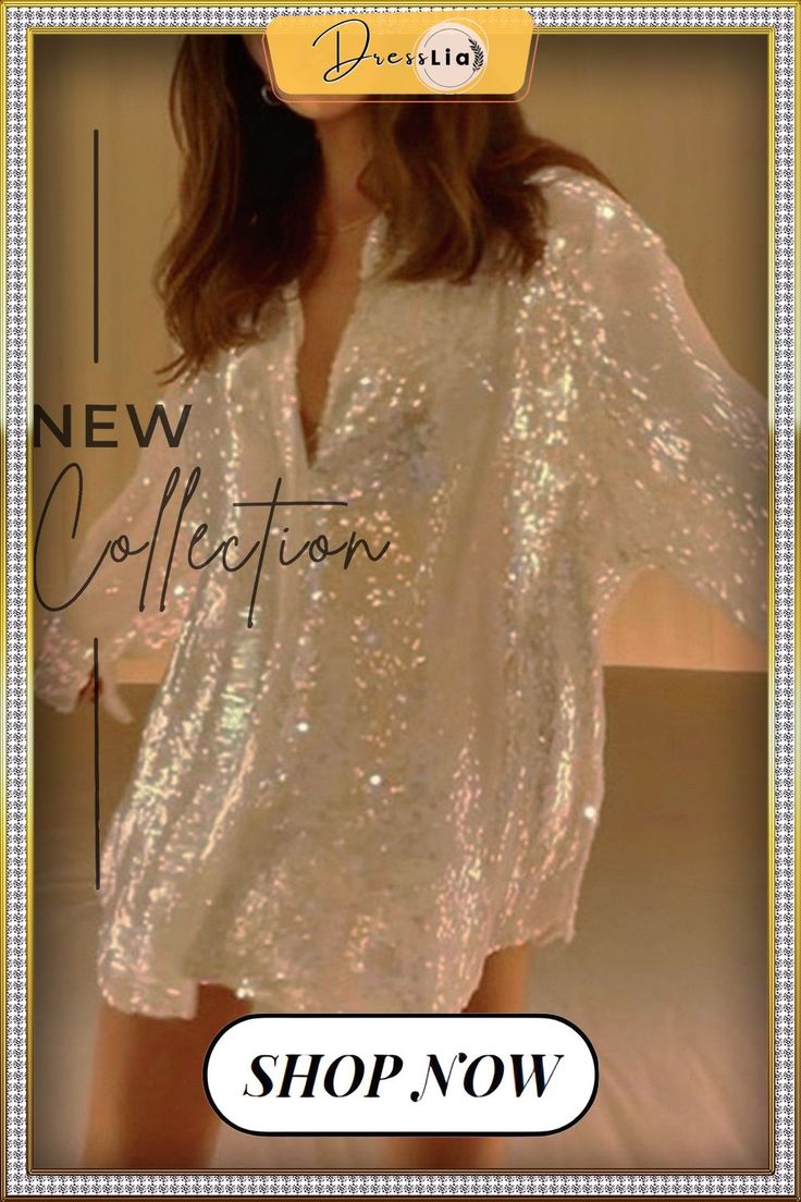 Sequin Oversized Button Shirt Chic Oversized V-neck Shirt, Casual Long Sleeve Sequined Blouse, V-neck Party Shirt With Buttons, Oversized Fall Party Blouse, Oversized Party Blouse For Fall, White Button-up Party Blouse, Trendy Oversized V-neck Shirt, Oversized Casual Party Blouse, Oversized Summer Blouse For Night Out