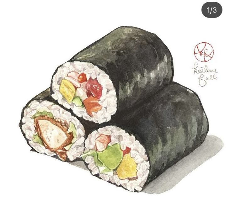 a drawing of sushi rolls with different toppings on top of each one,