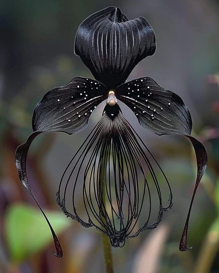 a black flower with white dots on it's petals