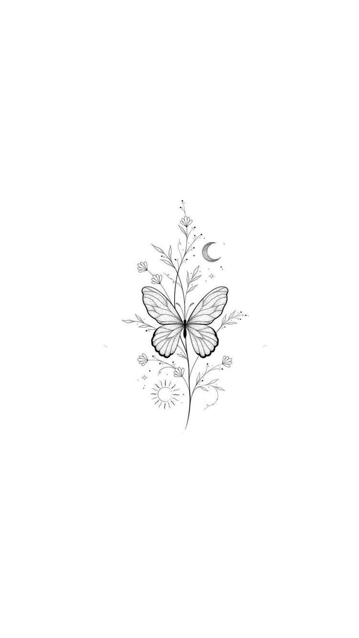 a black and white drawing of a butterfly on a flower with the moon in the background