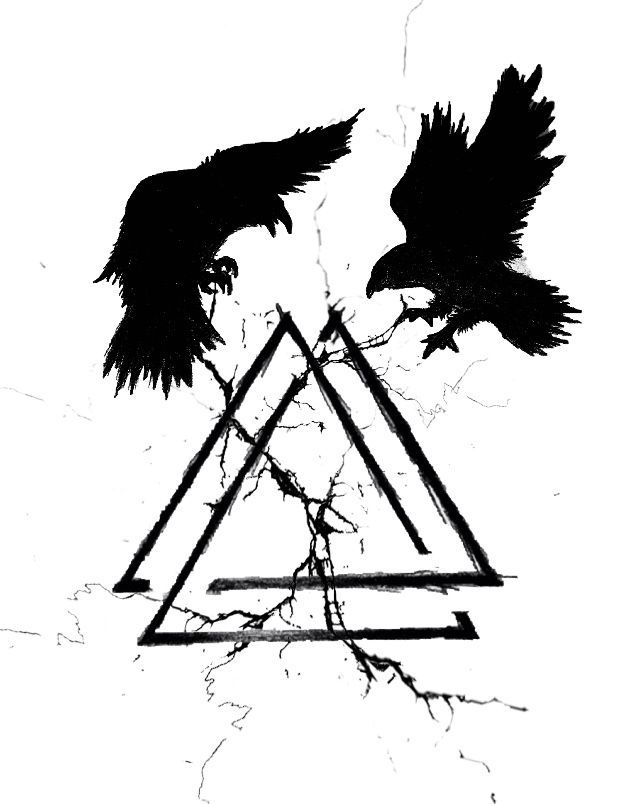 two black birds sitting on top of each other in front of a triangle with wings