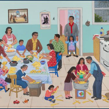 an image of a family gathering in the kitchen