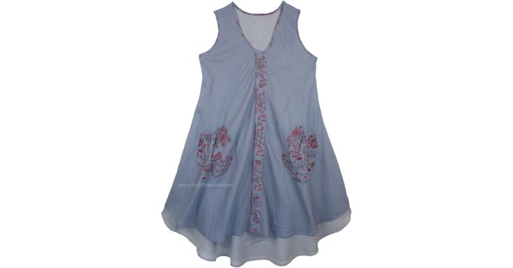 A summer season flared dress in a beautiful chic grey color, this sundress is so comfortable that you will love to wear it all day long. It has two layers and the inner layer is a light tone of the upper layer in grey. It comes with adorable round bottom pockets with floral fabric that give this dress a fun vibe. There is floral pattern printed on the fabric with pink flowers along the scoop neckline and the sleeves of the top. The same floral fabric is used for the nonfunctional wooden button s Flowy Sleeveless Dress For Layering, Casual Sleeveless Dress For Layering, Sleeveless Gray Vacation Dress, Gray Sleeveless Vacation Dress, Gray Sleeveless Dress For Vacation, Cotton Dresses For Spring Layering, Summer V-neck Dress For Layering, V-neck Summer Dresses For Layering, Spring Layering Dress In Gray