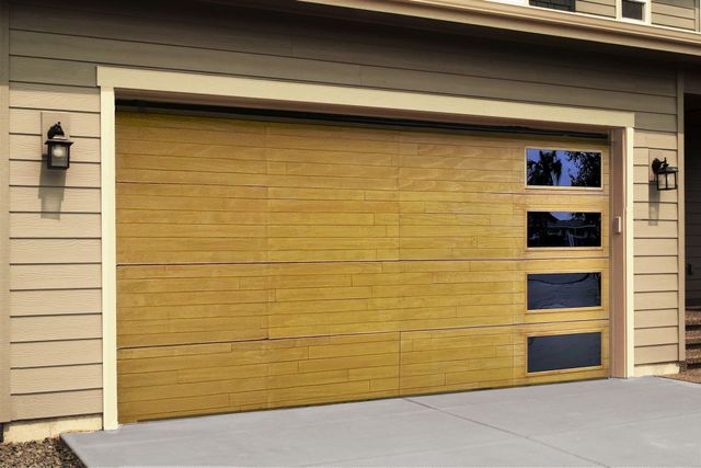 a yellow garage door is open in front of a house