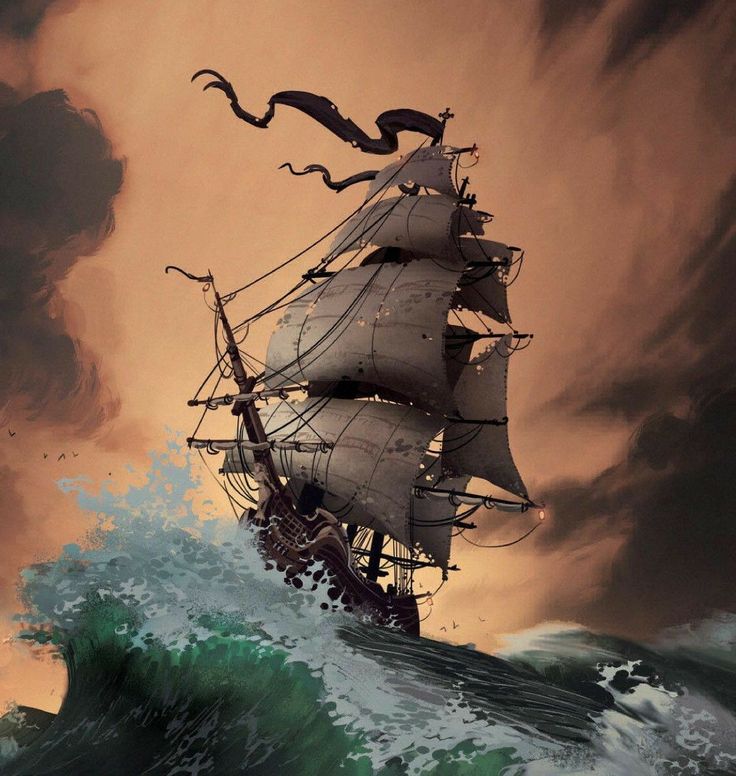 a painting of a pirate ship in rough seas