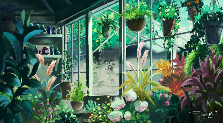 a painting of a greenhouse filled with potted plants and other houseplant items