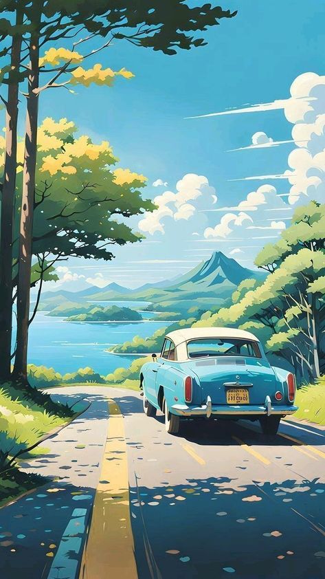 a painting of a blue car driving down a road next to trees and the ocean