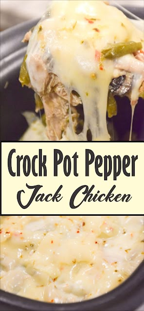 crock pot pepper jack chicken in a slow cooker with the title overlay