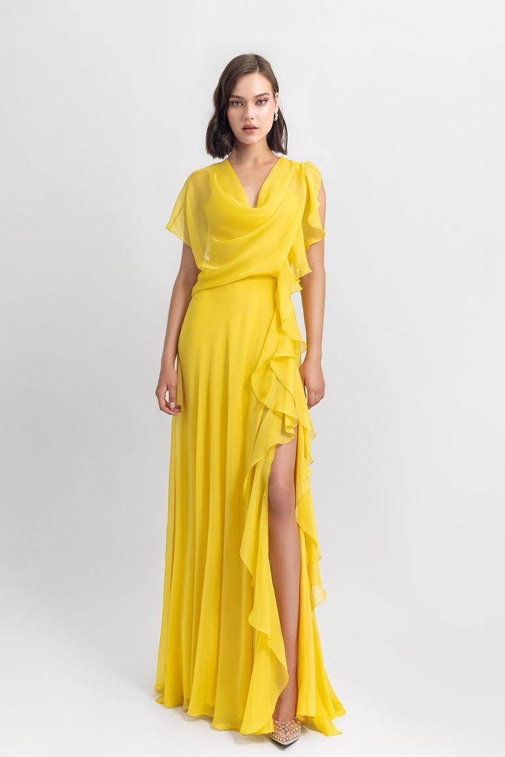 Description Yellow A-line, Long dress Sleeveless V-Neck Chiffon Dry Clean Evening Dress Made in Lebanon EDSS23 1831LD Yellow Chiffon Dress, Western Gowns, Yellow Evening Dresses, Evening Dresses Online, Yellow Maxi, Unique Prom Dresses, Chiffon Dress Long, Yellow Dress, Formal Dress