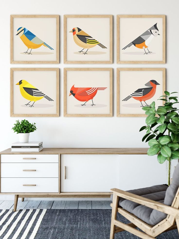 four colorful birds are hanging on the wall above a white dresser and chair with a potted plant