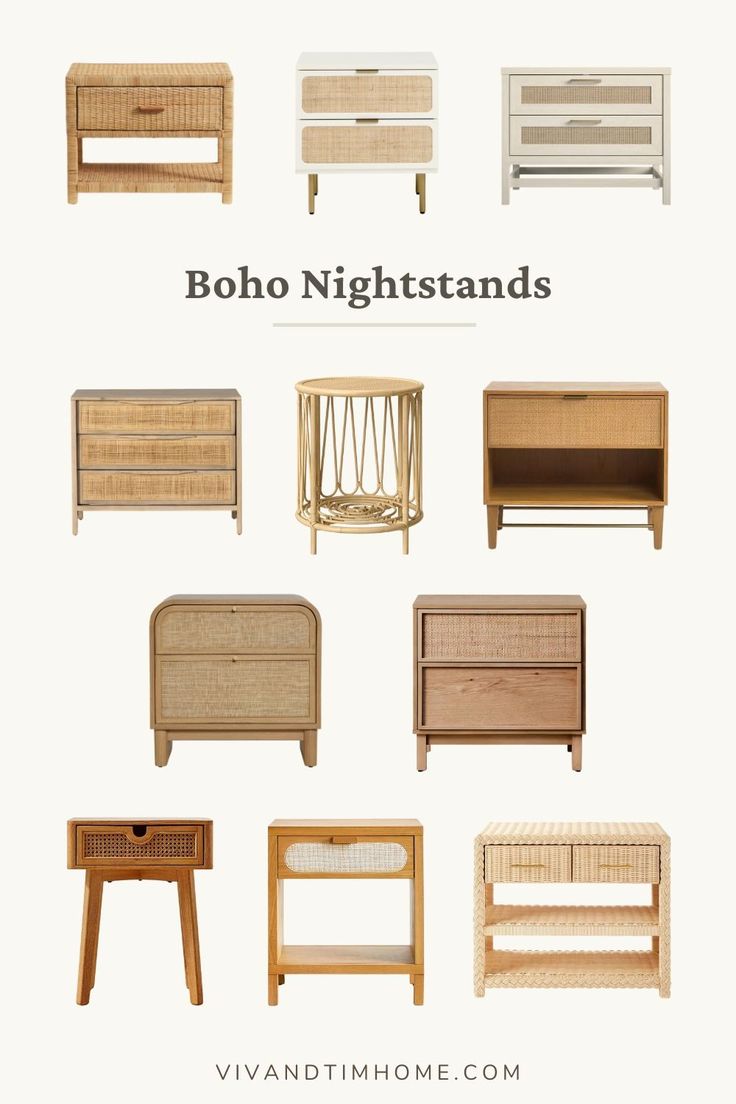 different types of nightstands and tables with text that reads boho nightstands