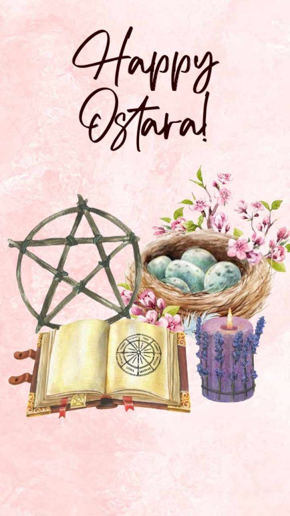 an open book and some eggs in a basket on top of a pink background with the words happy ostraad