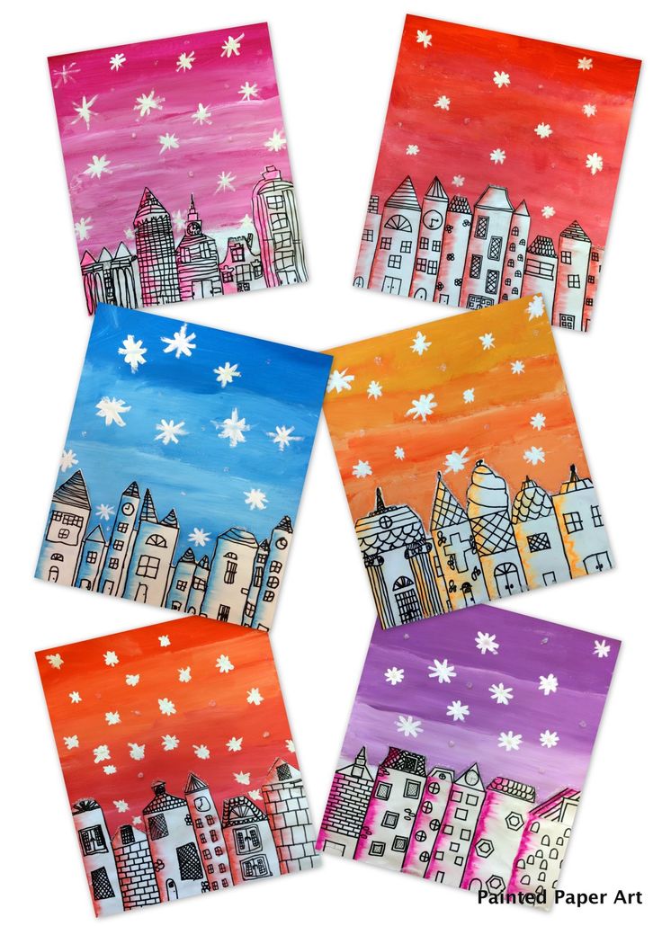 four different colored paper paintings with buildings and snowflakes in the sky on them