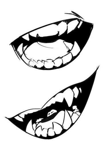 two mouths with teeth drawn in black and white