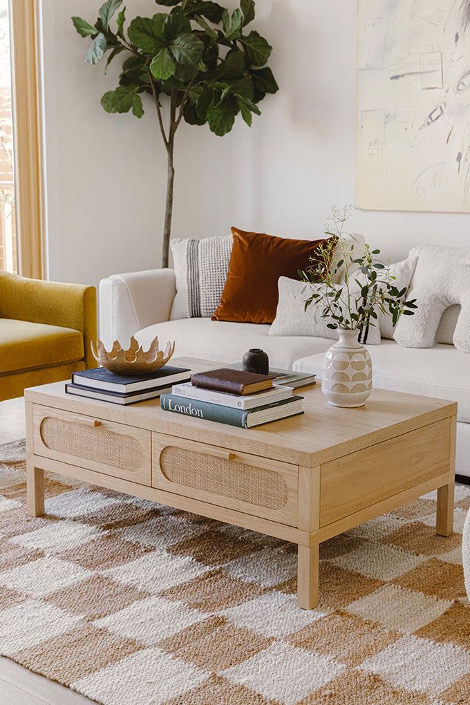 a living room filled with furniture and a large potted plant on top of a coffee table