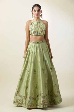 Pista attached can-can kalidar lehenga featuring floral embroidery. Paired with an embroidered padded blouse and a sheer dupatta. - Aza Fashions Sleeveless Anarkali Set In Raw Silk, Sleeveless Anarkali Raw Silk Sets, Embroidered Lehenga For Eid, Embroidered Sleeveless Lehenga For Eid, Sleeveless Embroidered Lehenga For Eid, Sleeveless Floral Embroidered Choli For Eid, Sleeveless Floral Embroidery Choli For Eid, Fitted Sleeveless Anarkali Set With Floral Embroidery, Sleeveless Chanderi Set With Intricate Embroidery