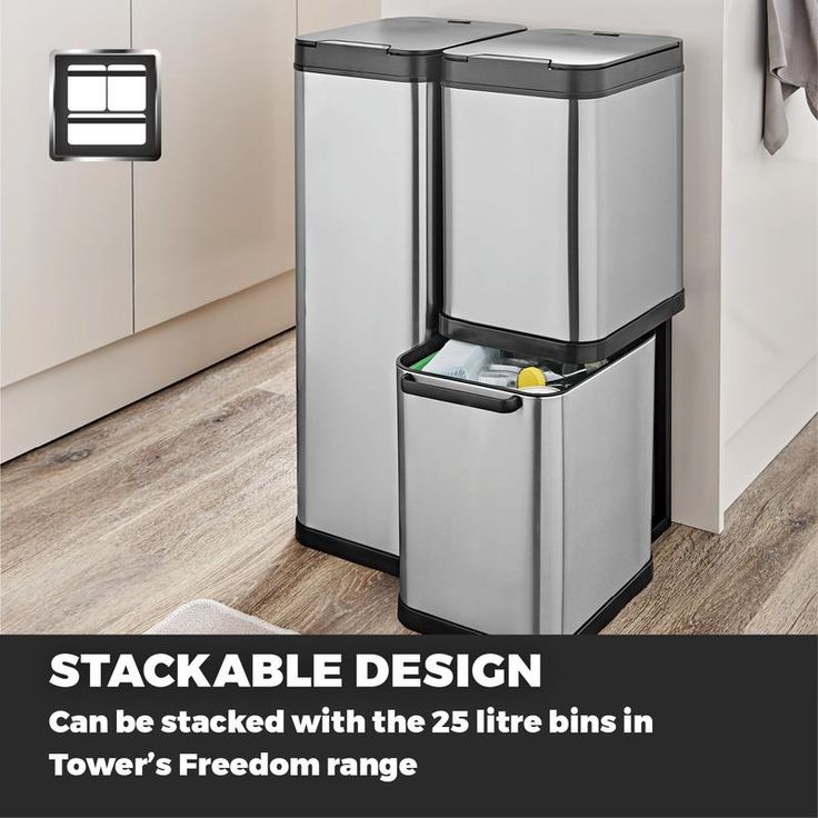 two trash cans sitting next to each other in a kitchen with the words stackable design