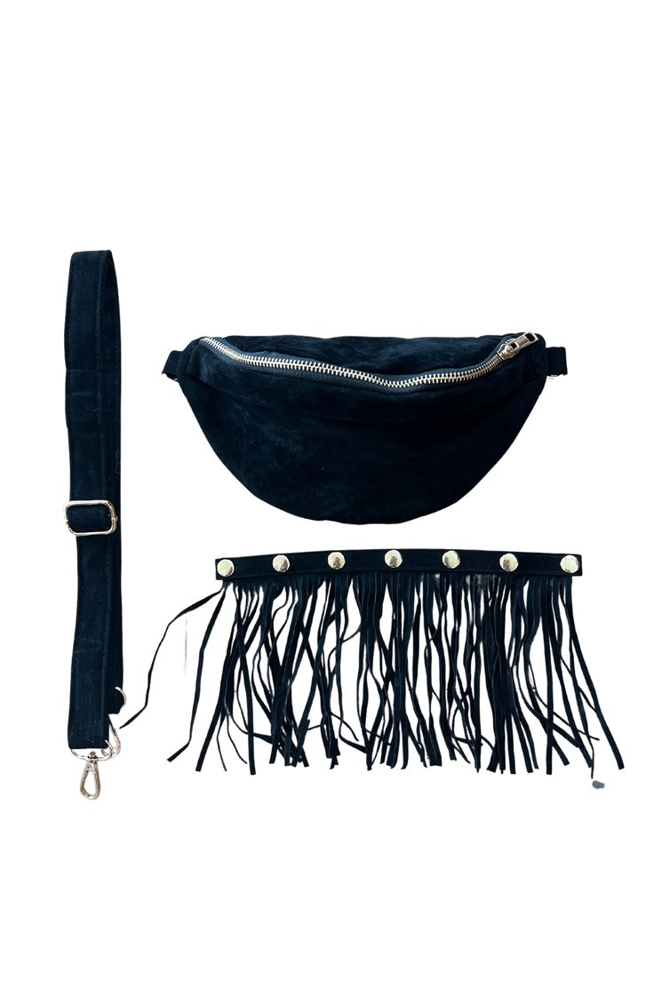 Suede Fringe Crossbody Sling Bag: This suede bum bag features removable decorative fringe, a zipper closure, an interior pocket with a zipper enclosure, and a removable, adjustable strap. Gold-toned hardware accents complete the look, with the fringe easily snapping on and off. Gold hardware can be easily hidden. The adjustable strap measures at 47 inches when fully extended, allowing this adorable bag to be worn as a crossbody purse and a sling bum bag. Available in brown, black, and cream. Travel Fringe Crossbody Bucket Bag, Chic Fringed Pouch Bag, Beige Fringe Pouch Bag, Leather Fringe Pouch Bag, Black Fringe Crossbody Bag, The Fringe, Black And Cream, Suede Fringe, Bum Bag